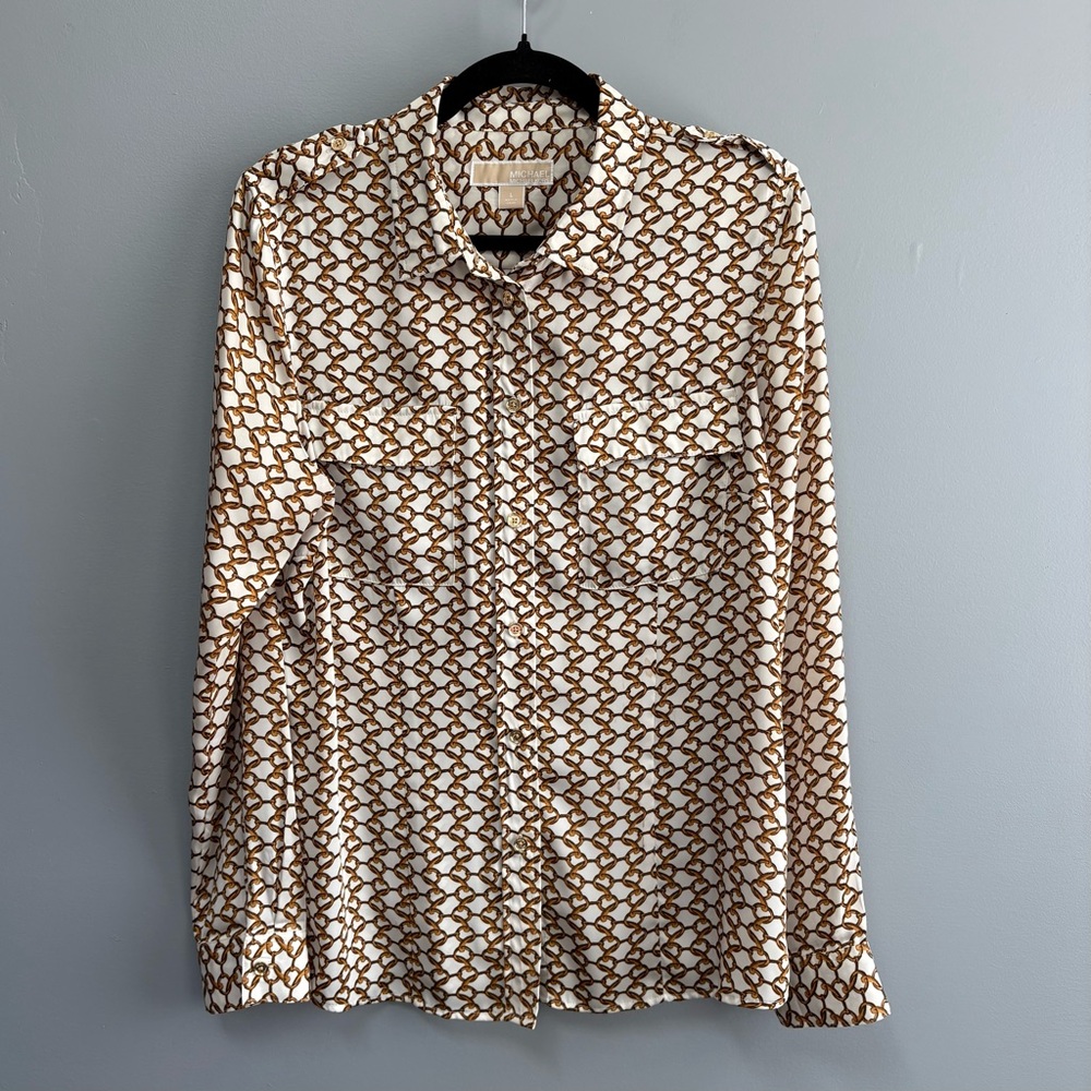 Michael Kors Chain Printed Long-Sleeve Button-Up Shirt in White and Brown Size L
